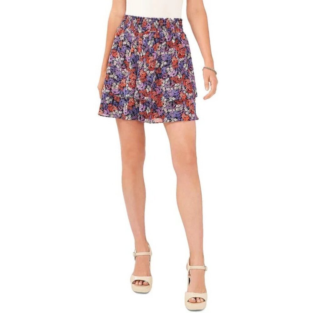 NWT 1.State Womens Smocked Floral Mini Skirt Black Multi Size L